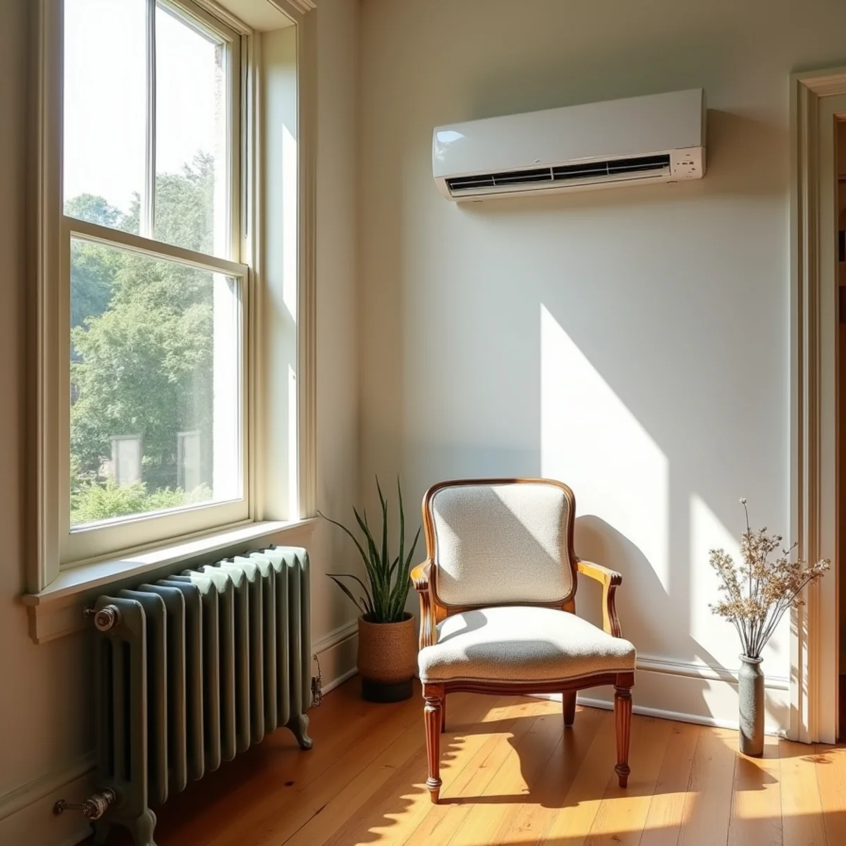 Ductless mini-split head mounted high on a plaster wall above a cast-iron radiator in a Newburgh, NY Victorian