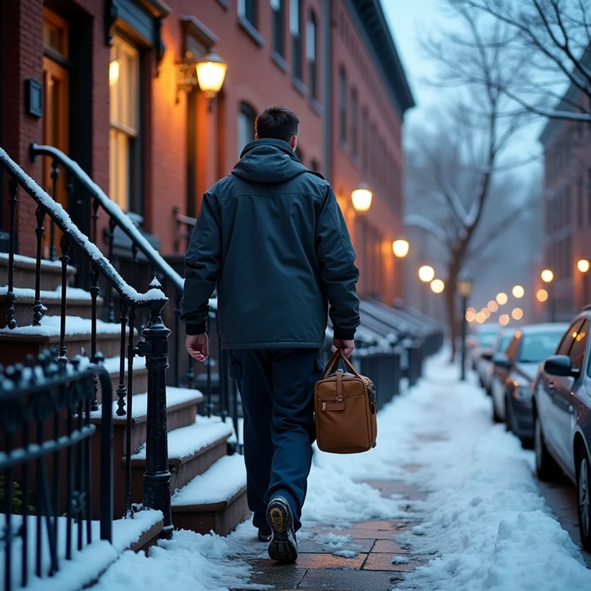 HVAC technician climbing the front stoop of a brick rowhouse in Newburgh, NY on a snowy winter evening